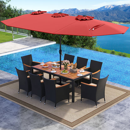 10 Piece Outdoor Dining Set with 15 Feet Double-Sided Twin Umbrella-Red
