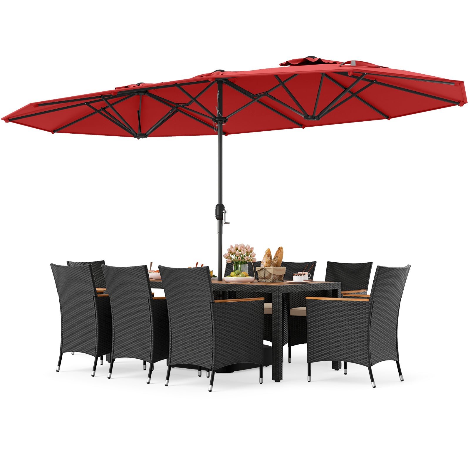 10 Piece Outdoor Dining Set with 15 Feet Double-Sided Twin Umbrella-Red