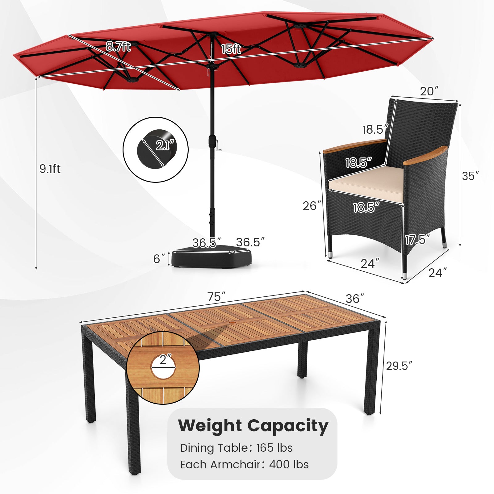 10 Piece Outdoor Dining Set with 15 Feet Double-Sided Twin Umbrella-Red