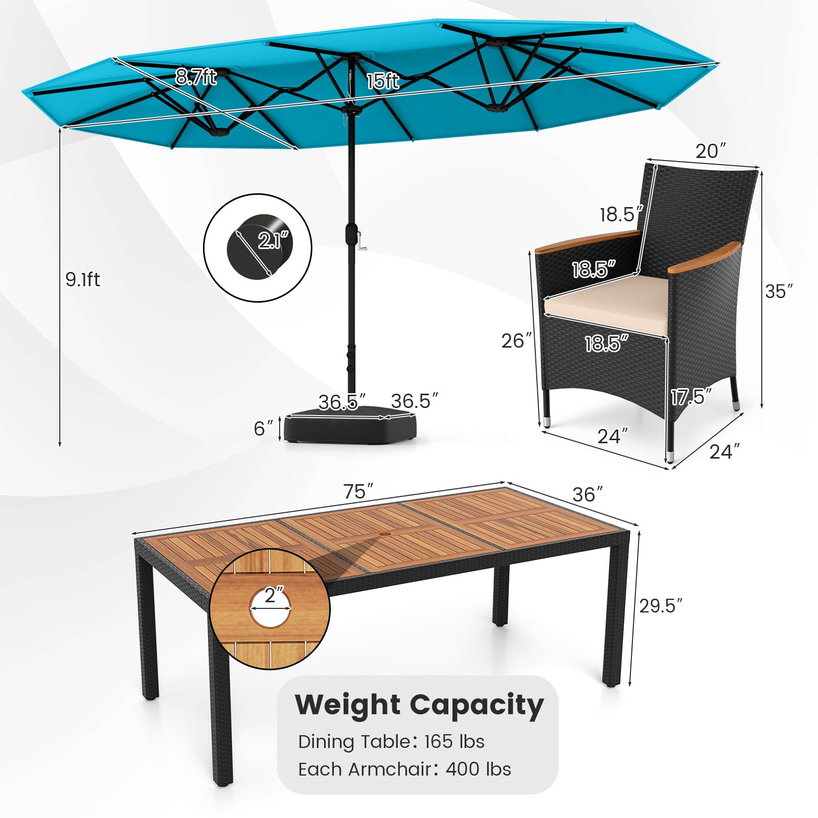10 Piece Outdoor Dining Set with 15 Feet Double-Sided Twin Umbrella-Turquoise