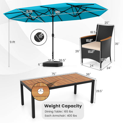 10 Piece Outdoor Dining Set with 15 Feet Double-Sided Twin Umbrella-Turquoise