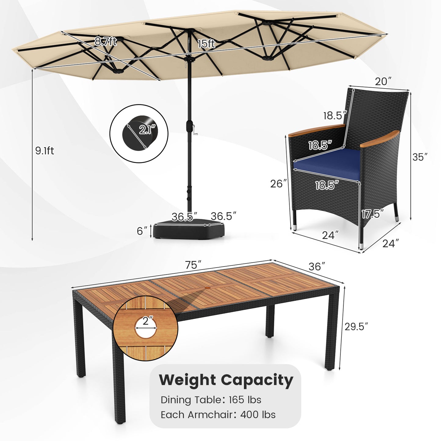 10 Piece Outdoor Patio Dining Set with 15 Feet Double-Sided Twin Umbrella-Beige