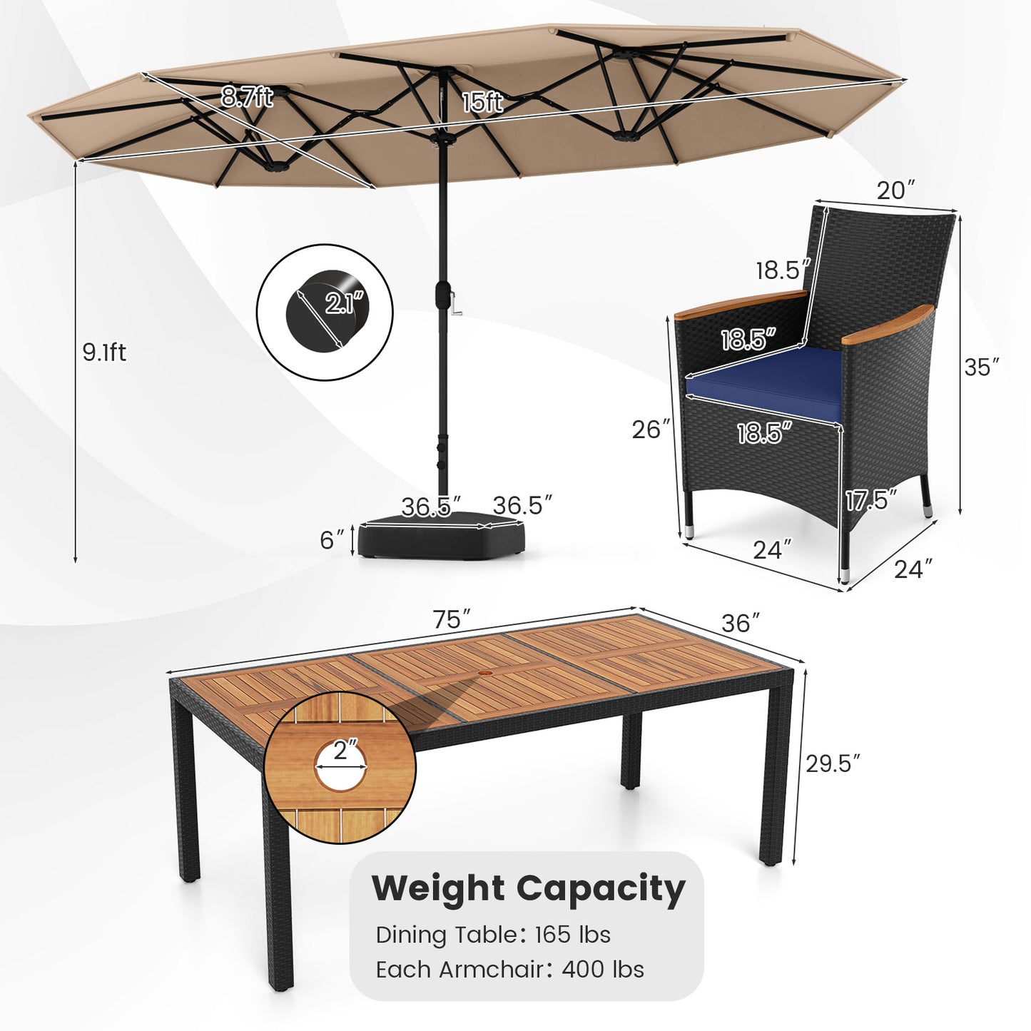 10 Piece Outdoor Patio Dining Set with 15 Feet Double-Sided Twin Umbrella-Brown