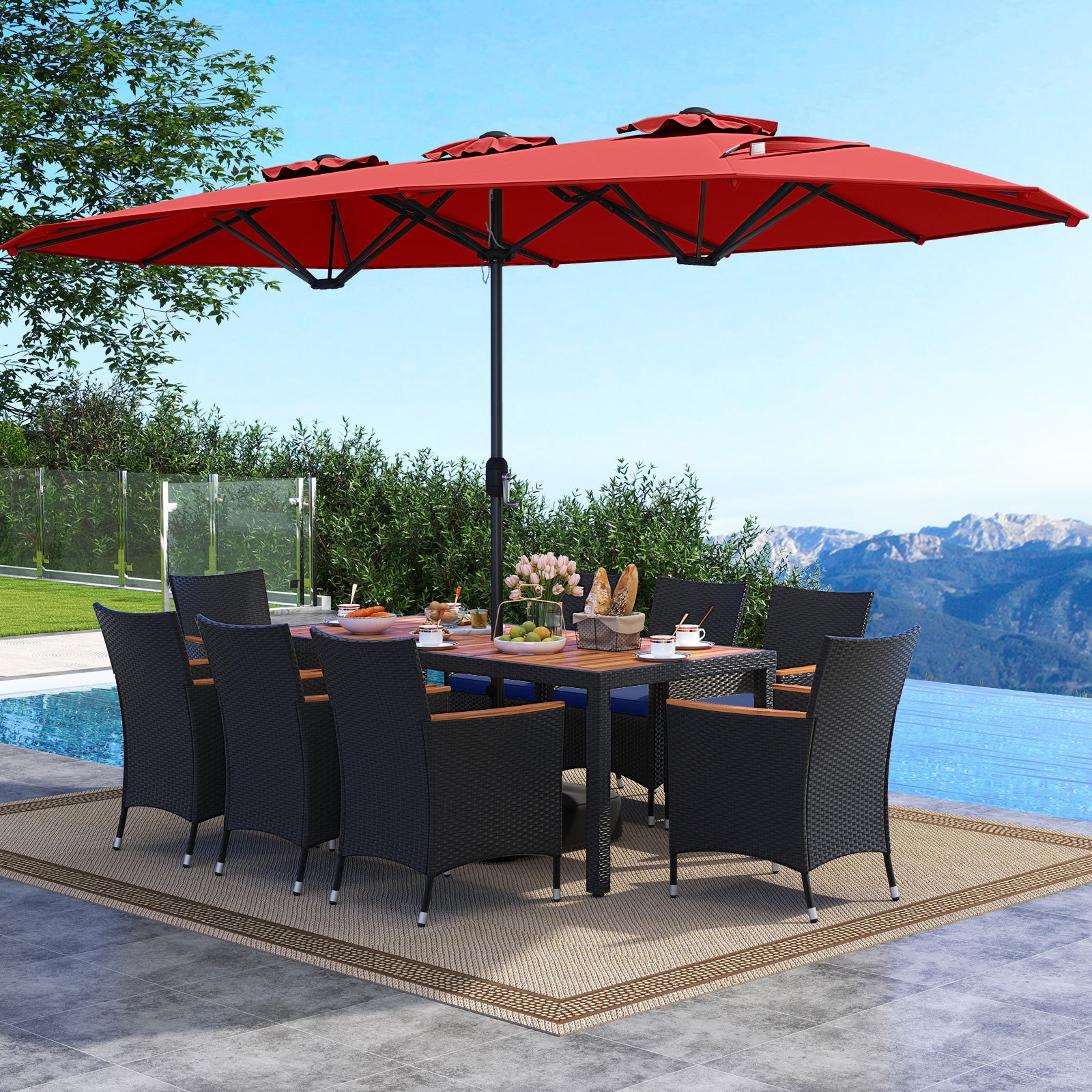 10 Piece Outdoor Patio Dining Set with 15 Feet Double-Sided Twin Umbrella-Red