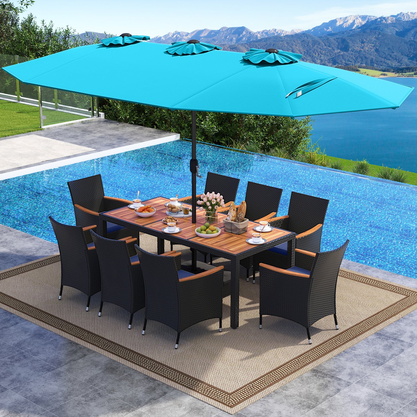 10 Piece Outdoor Patio Dining Set with 15 Feet Double-Sided Twin Umbrella-Turquoise