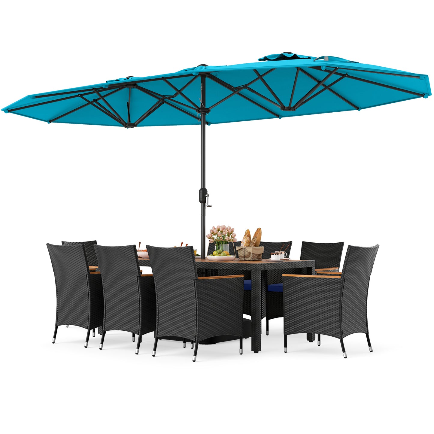 10 Piece Outdoor Patio Dining Set with 15 Feet Double-Sided Twin Umbrella-Turquoise