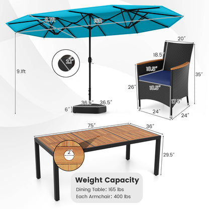 10 Piece Outdoor Patio Dining Set with 15 Feet Double-Sided Twin Umbrella-Turquoise