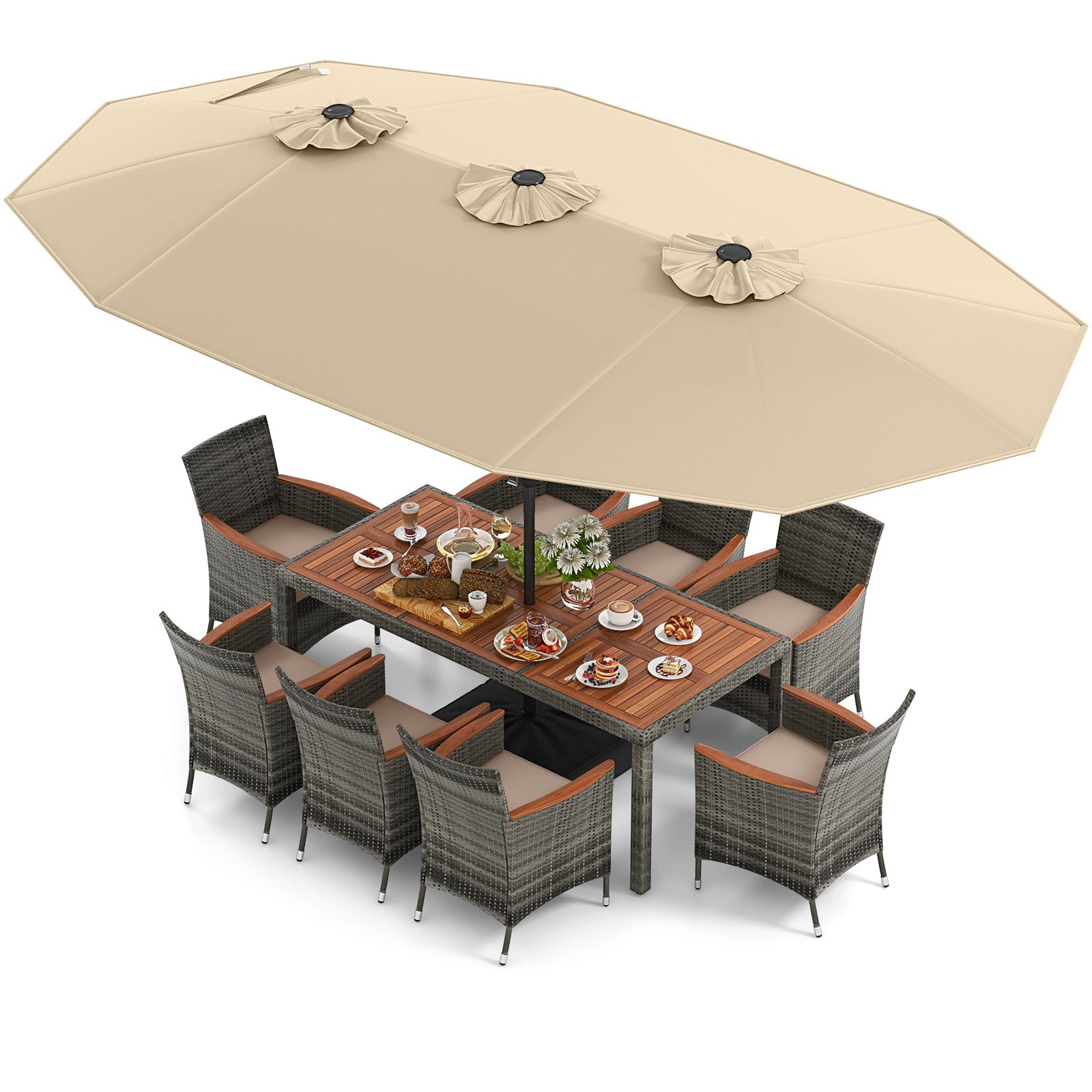 10 Pieces Patio Wicker Dining Set with 15 Feet Double-Sided Patio Umbrella-Brown - Beige