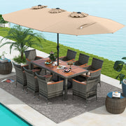 10 Pieces Patio Wicker Dining Set with 15 Feet Double-Sided Patio Umbrella-Brown