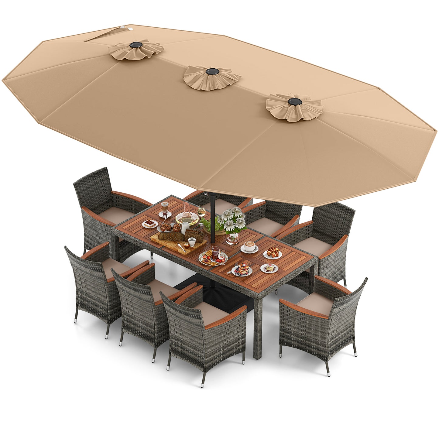 10 Pieces Patio Wicker Dining Set with 15 Feet Double-Sided Patio Umbrella-Brown - Brown