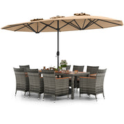 10 Pieces Patio Wicker Dining Set with 15 Feet Double-Sided Patio Umbrella-Brown