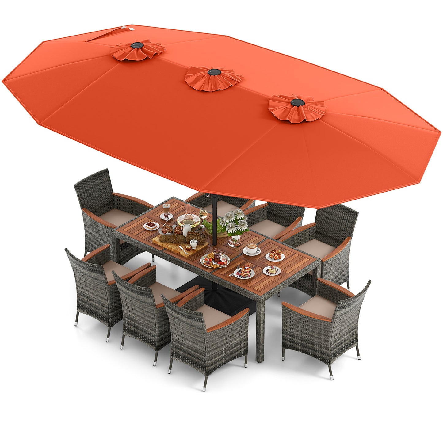 10 Pieces Patio Wicker Dining Set with 15 Feet Double-Sided Patio Umbrella-Brown - Orange