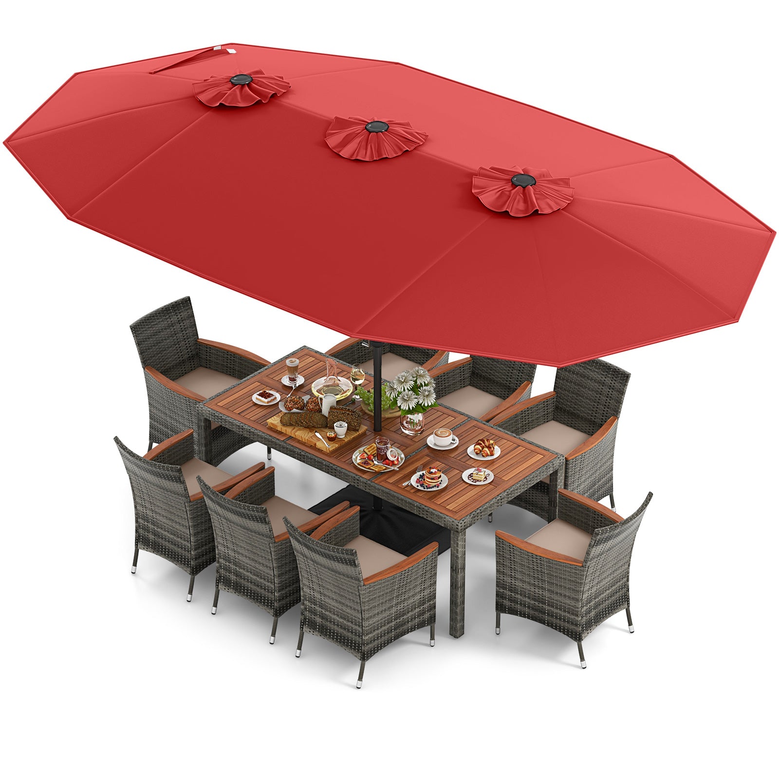 10 Pieces Patio Wicker Dining Set with 15 Feet Double-Sided Patio Umbrella-Brown - Red