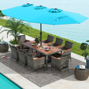 10 Pieces Patio Wicker Dining Set with 15 Feet Double-Sided Patio Umbrella-Turquoise