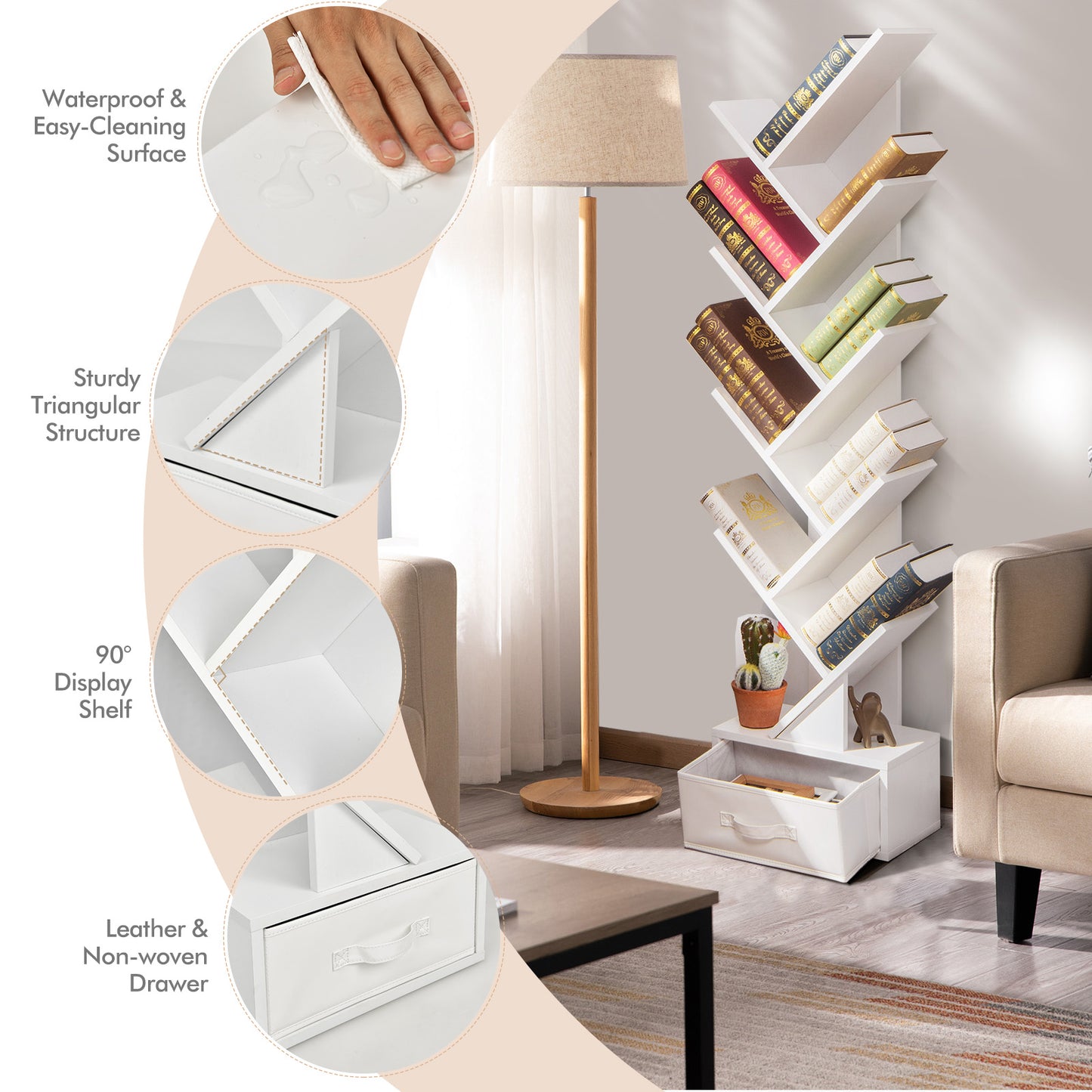 10-Tier Bookshelf with Drawer Free-standing Storage Bookcase-White