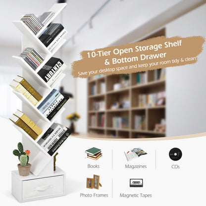 10-Tier Bookshelf with Drawer Free-standing Storage Bookcase-White