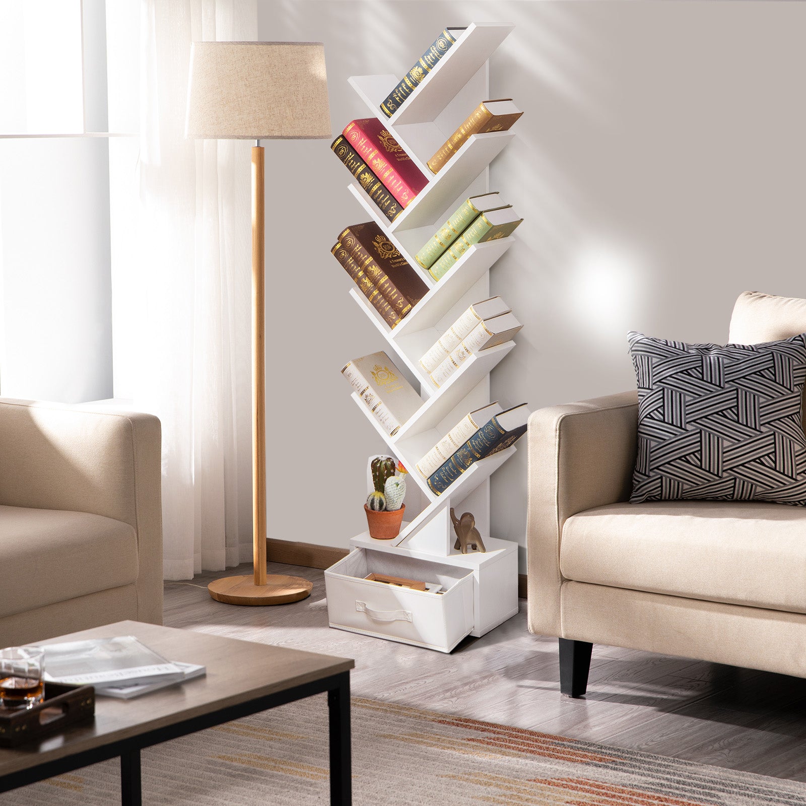 10-Tier Bookshelf with Drawer Free-standing Storage Bookcase-White