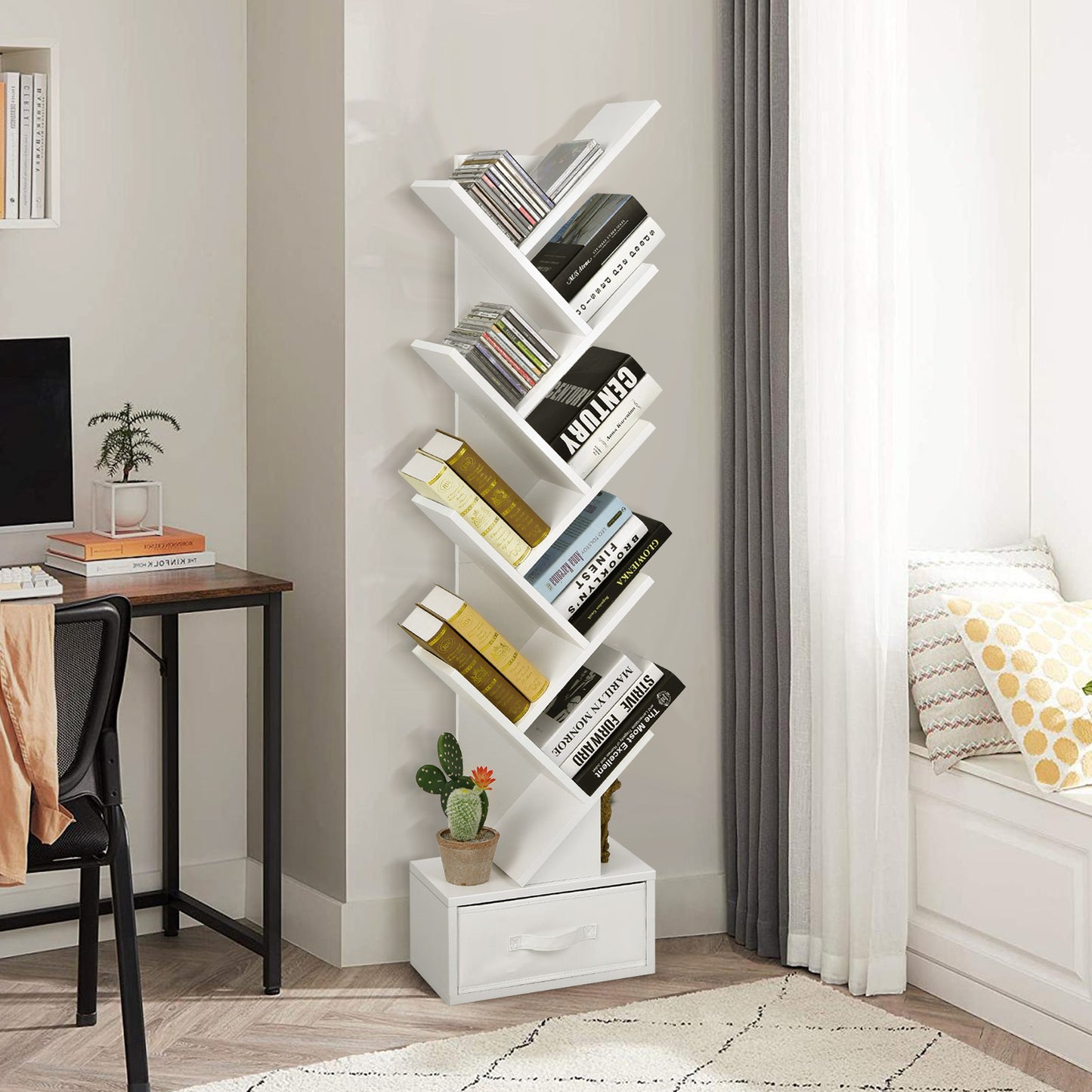 10-Tier Bookshelf with Drawer Free-standing Storage Bookcase-White