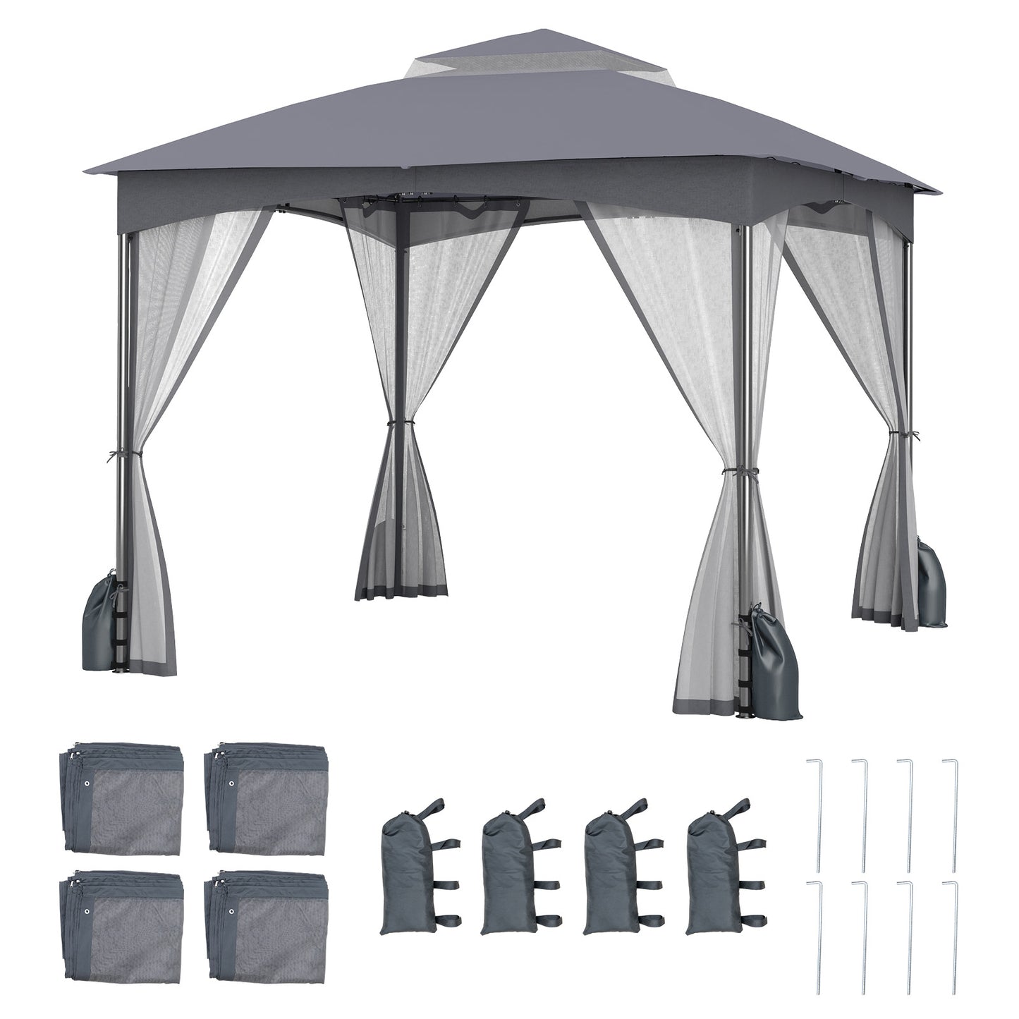 10 X 10 FT Heavy-Duty Patio Gazebo with Netting Walls and 4 Sandbags-Khaki - Gray
