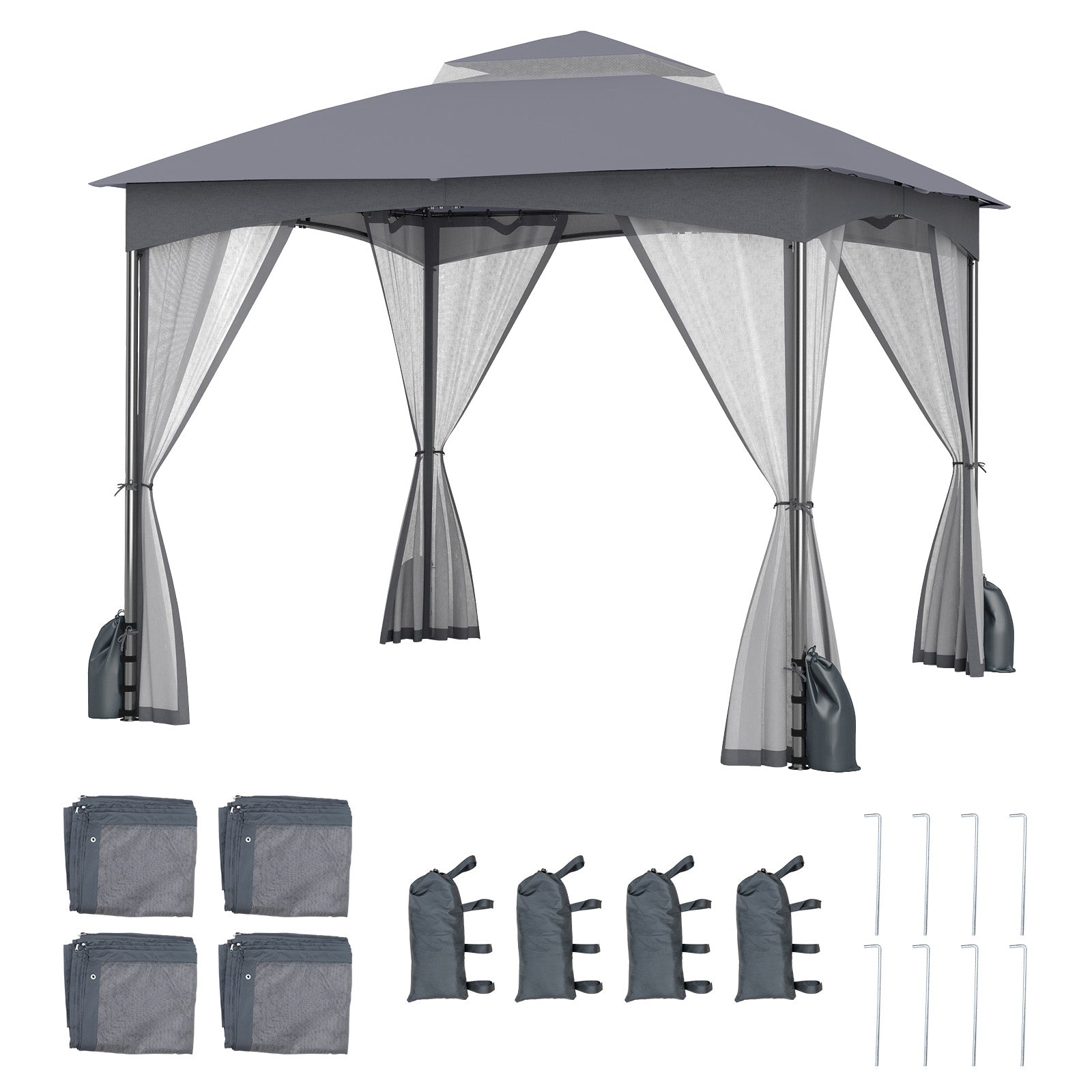 10 X 10 FT Heavy-Duty Patio Gazebo with Netting Walls and 4 Sandbags-Khaki - Gray
