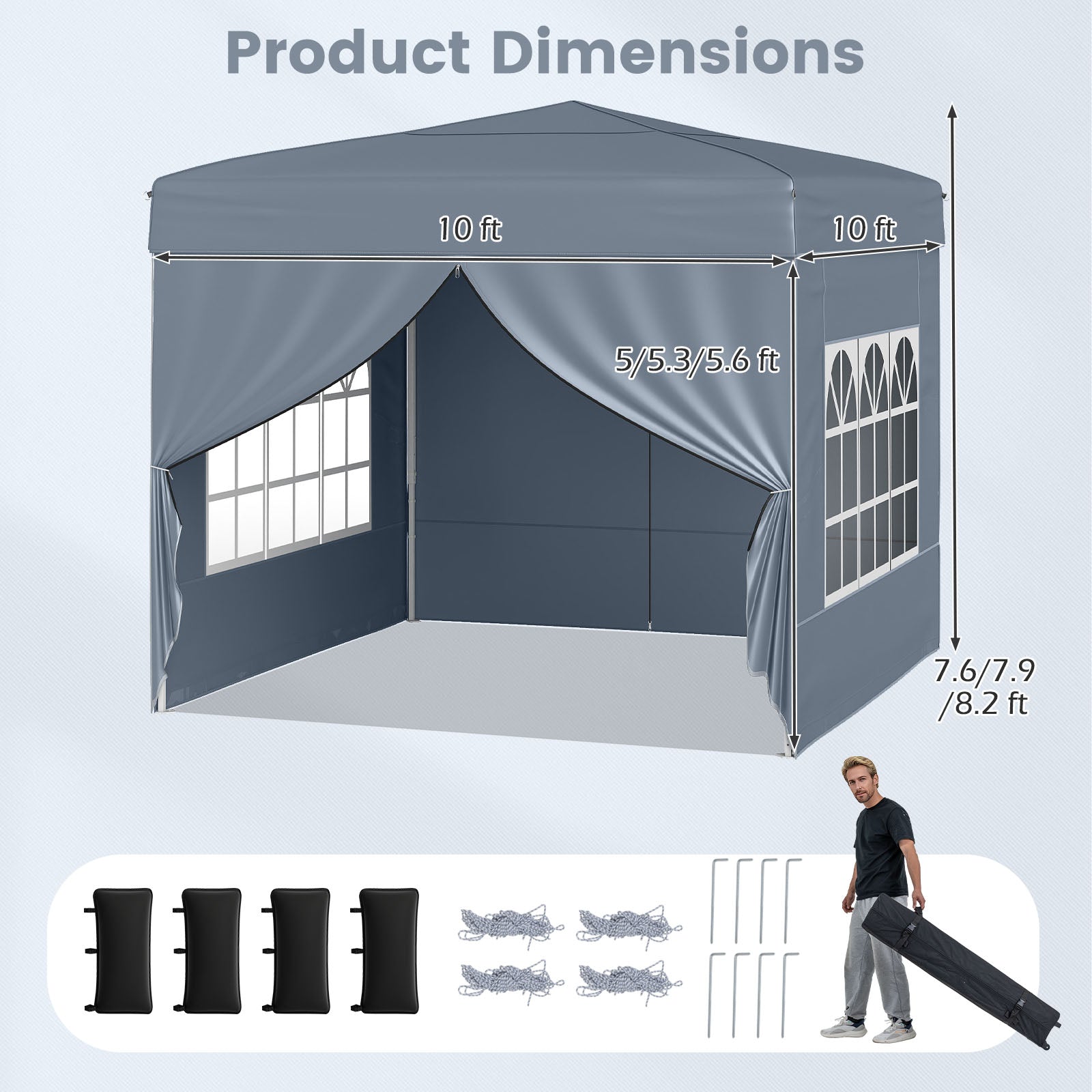10 X 10 FT Pop up Canopy Tent Outdoor Patio Commercial Sunshade Shelter with 4 Sidewalls-Gray
