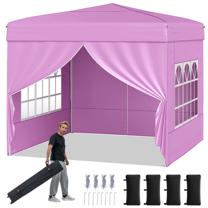 10 X 10 FT Pop up Canopy Tent Outdoor Patio Commercial Sunshade Shelter with 4 Sidewalls-Pink