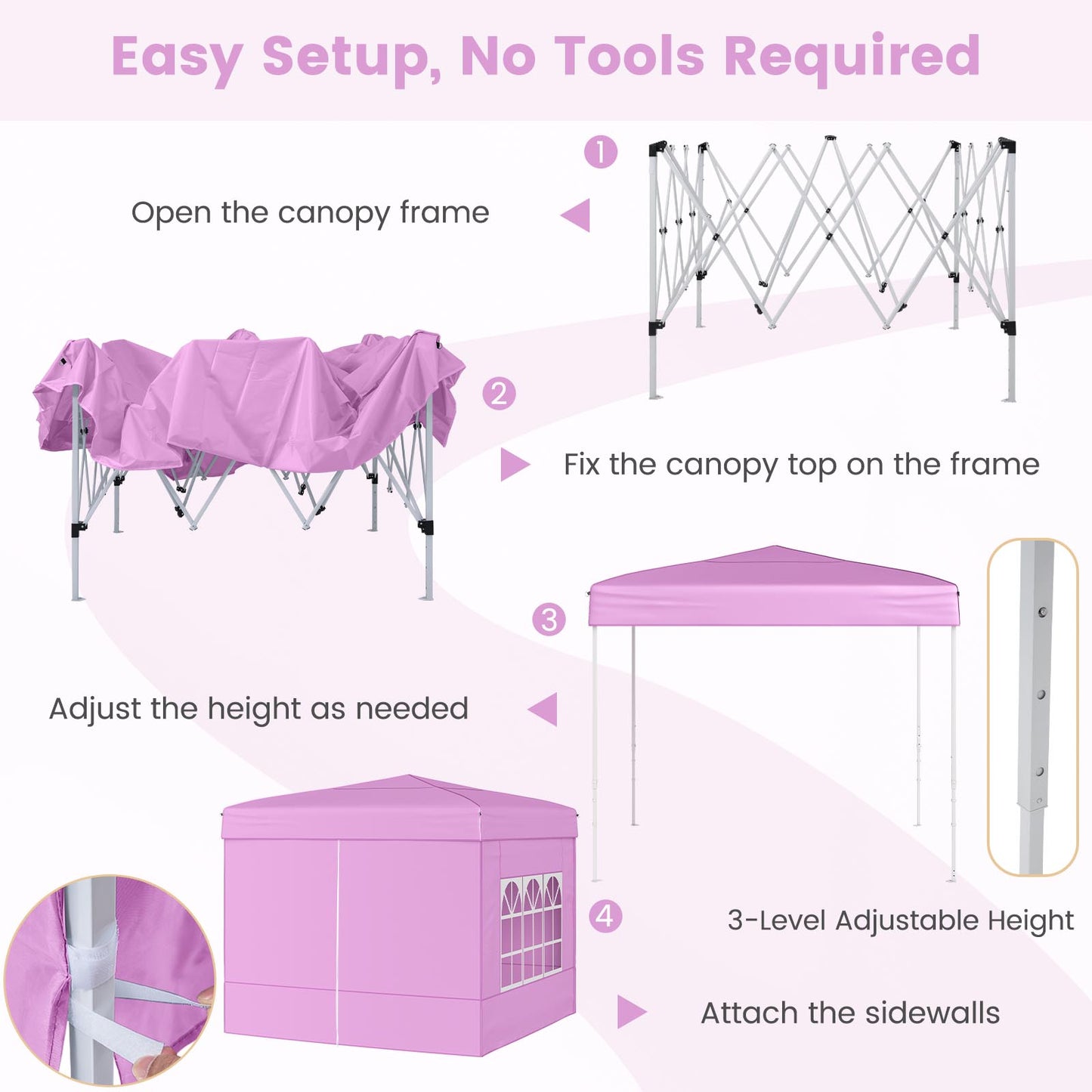 10 X 10 FT Pop up Canopy Tent Outdoor Patio Commercial Sunshade Shelter with 4 Sidewalls-Pink