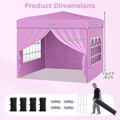 10 X 10 FT Pop up Canopy Tent Outdoor Patio Commercial Sunshade Shelter with 4 Sidewalls-Pink