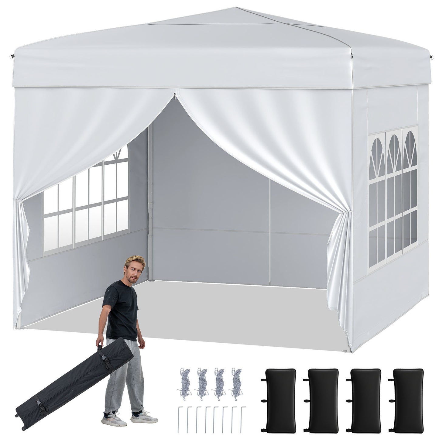 10 X 10 FT Pop up Canopy Tent Outdoor Patio Commercial Sunshade Shelter with 4 Sidewalls-White