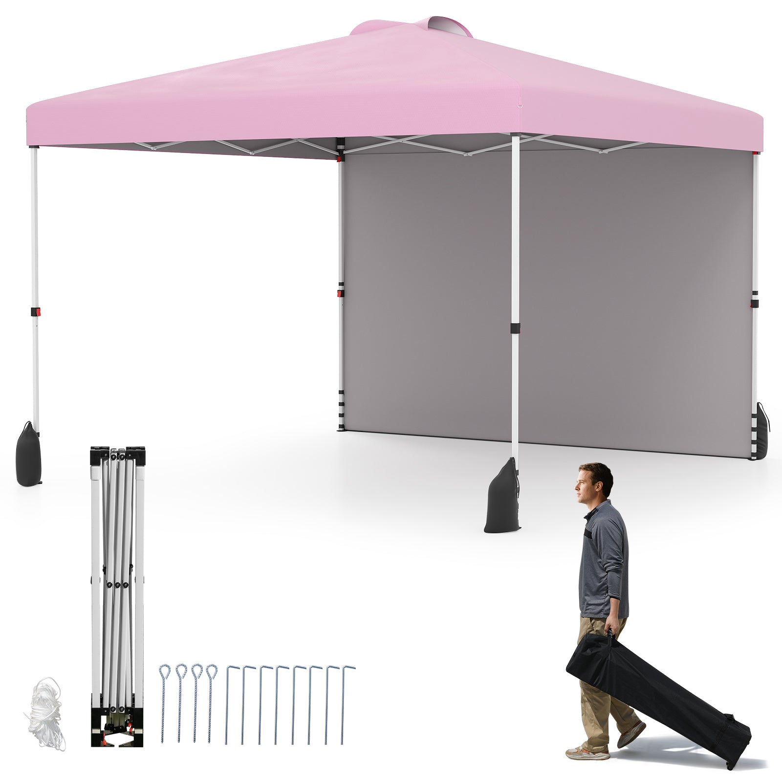 10 X 10 FT Pop up Canopy Tent with 1 Sidewall and Wheeled Bag-Pink - Pink