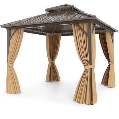 10 X 10 Feet Hardtop Gazebo with Netting and Curtain for Patio Backyard-Coffee
