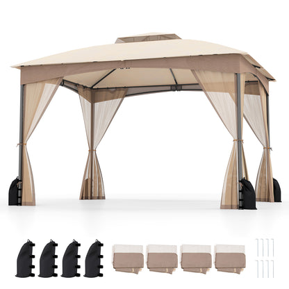 10 X 12 FT Patio Gazebo with Netting Walls with 4 Sandbags-Gray - Khaki