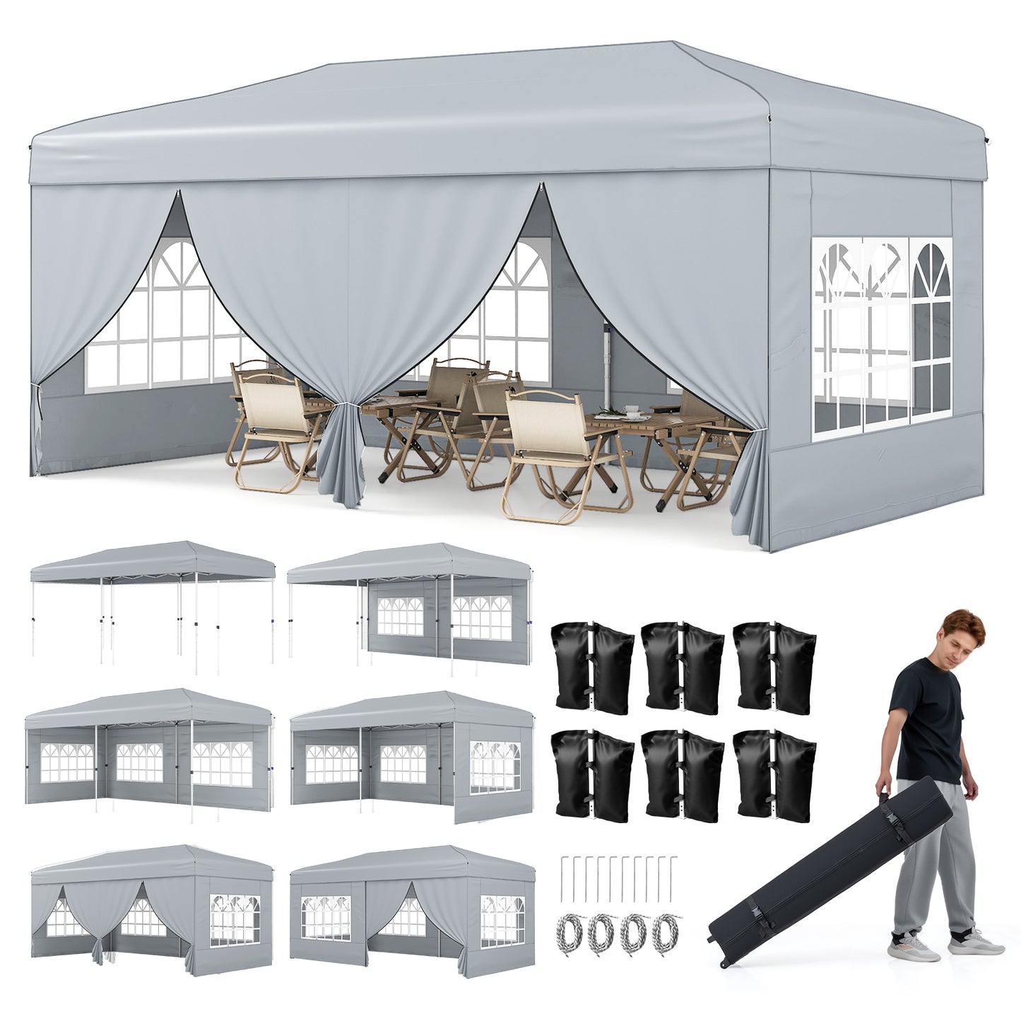 10 X 20 Feet Pop up Canopy Tent Instant Setup with 6 Sidewalls-Gray