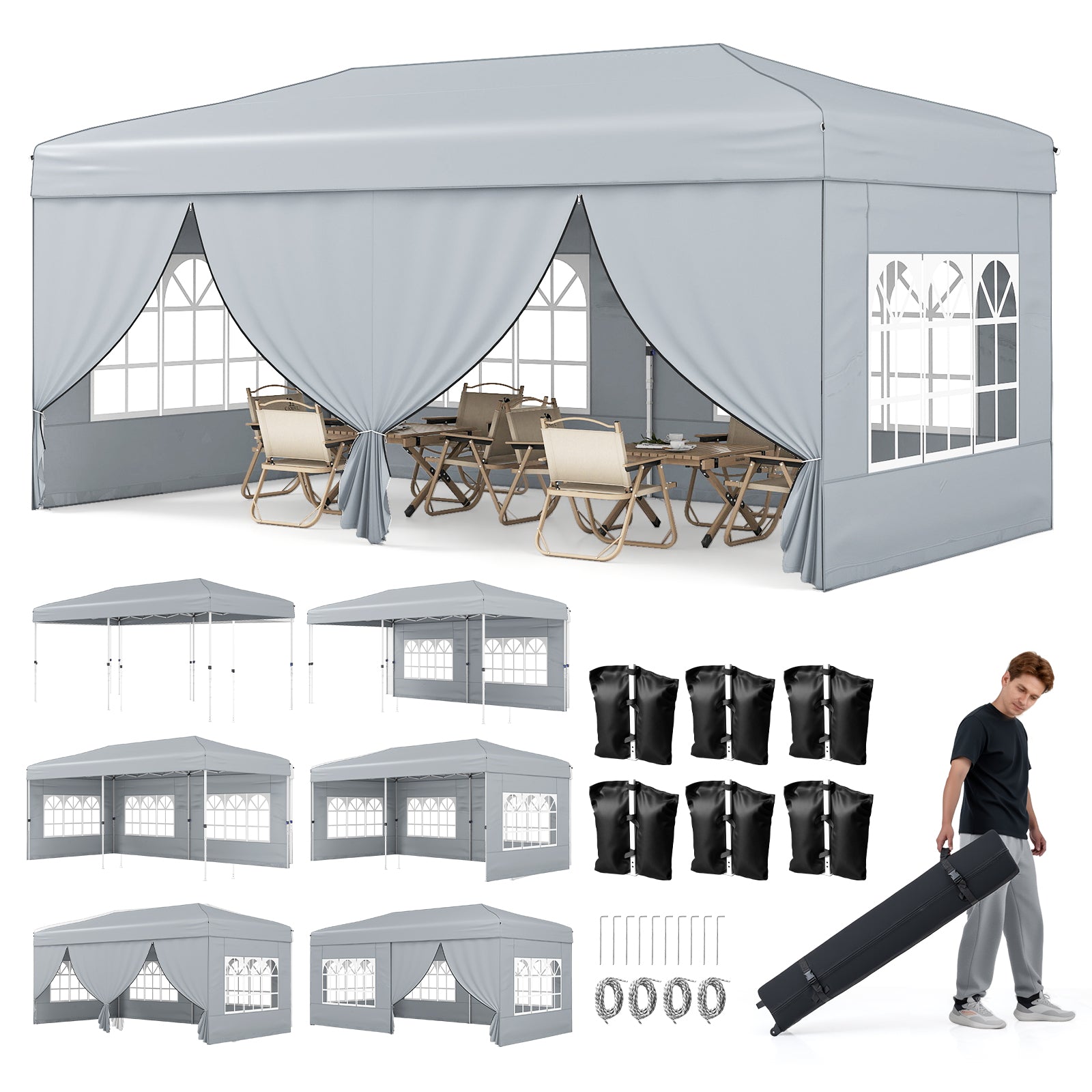 10 X 20 Feet Pop up Canopy Tent Instant Setup with 6 Sidewalls-Gray