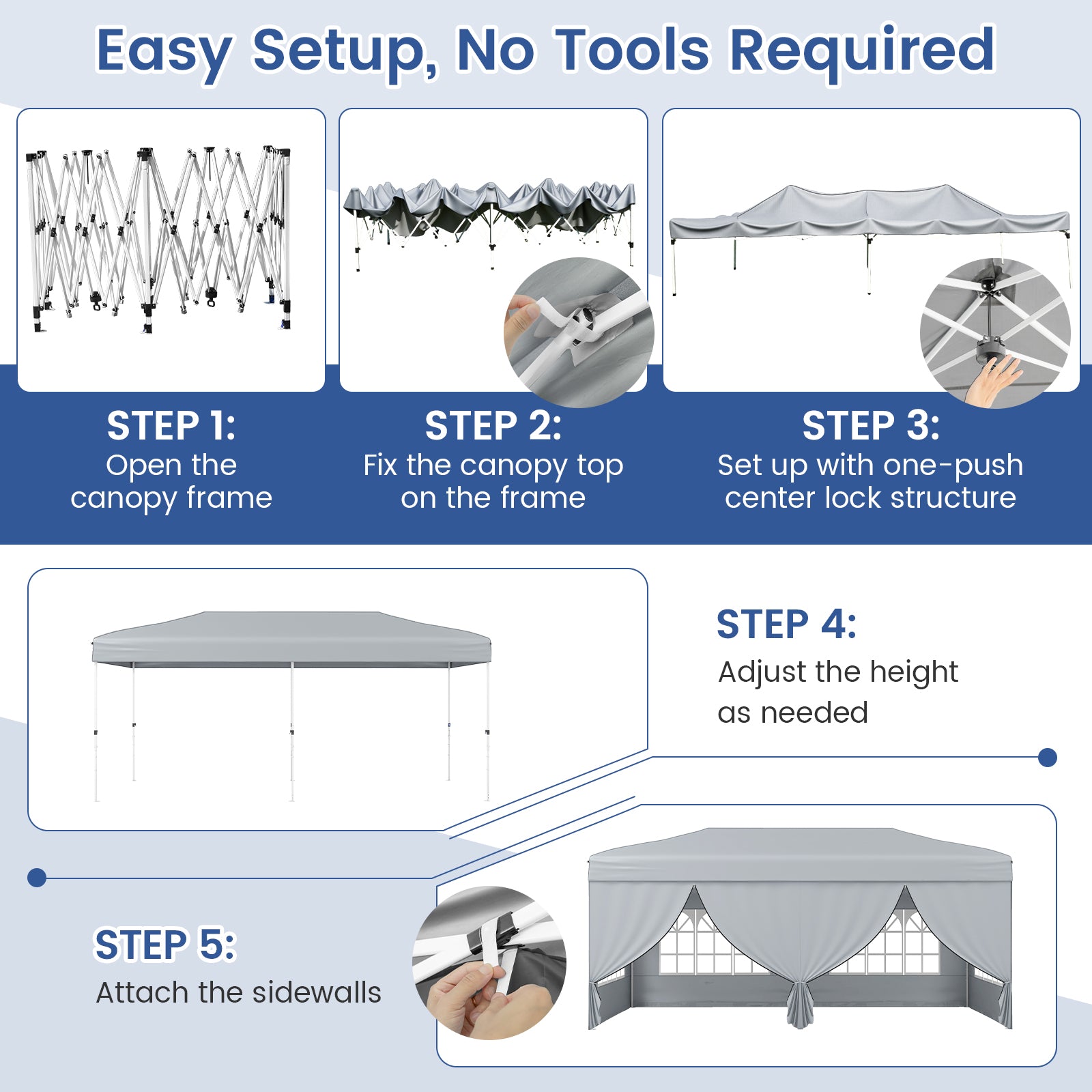 10 X 20 Feet Pop up Canopy Tent Instant Setup with 6 Sidewalls-Gray
