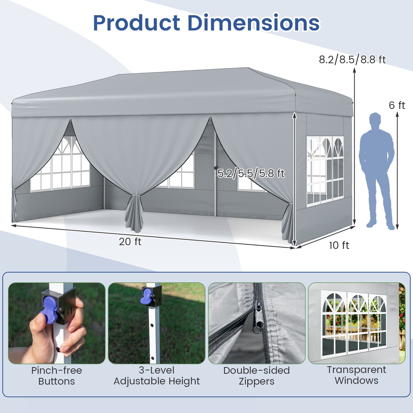 10 X 20 Feet Pop up Canopy Tent Instant Setup with 6 Sidewalls-Gray