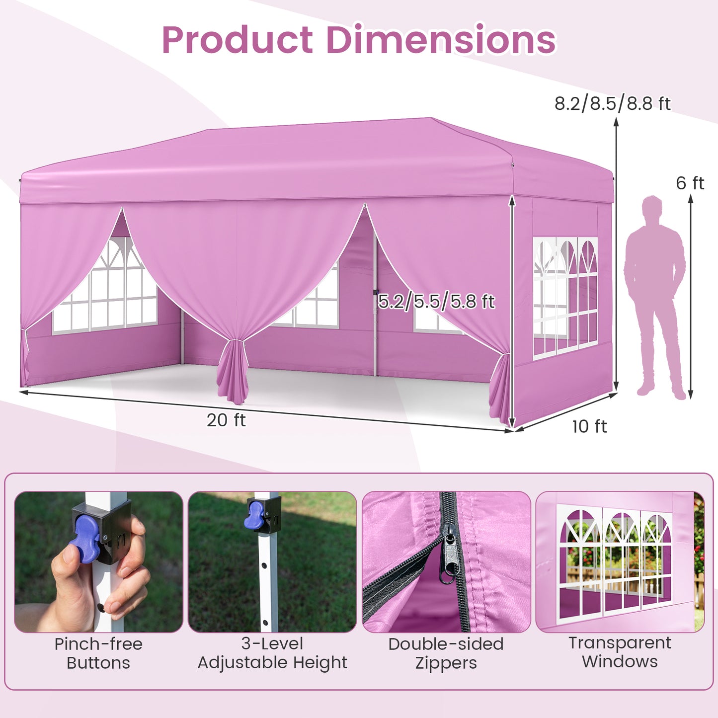 10 X 20 Feet Pop up Canopy Tent Instant Setup with 6 Sidewalls-Pink