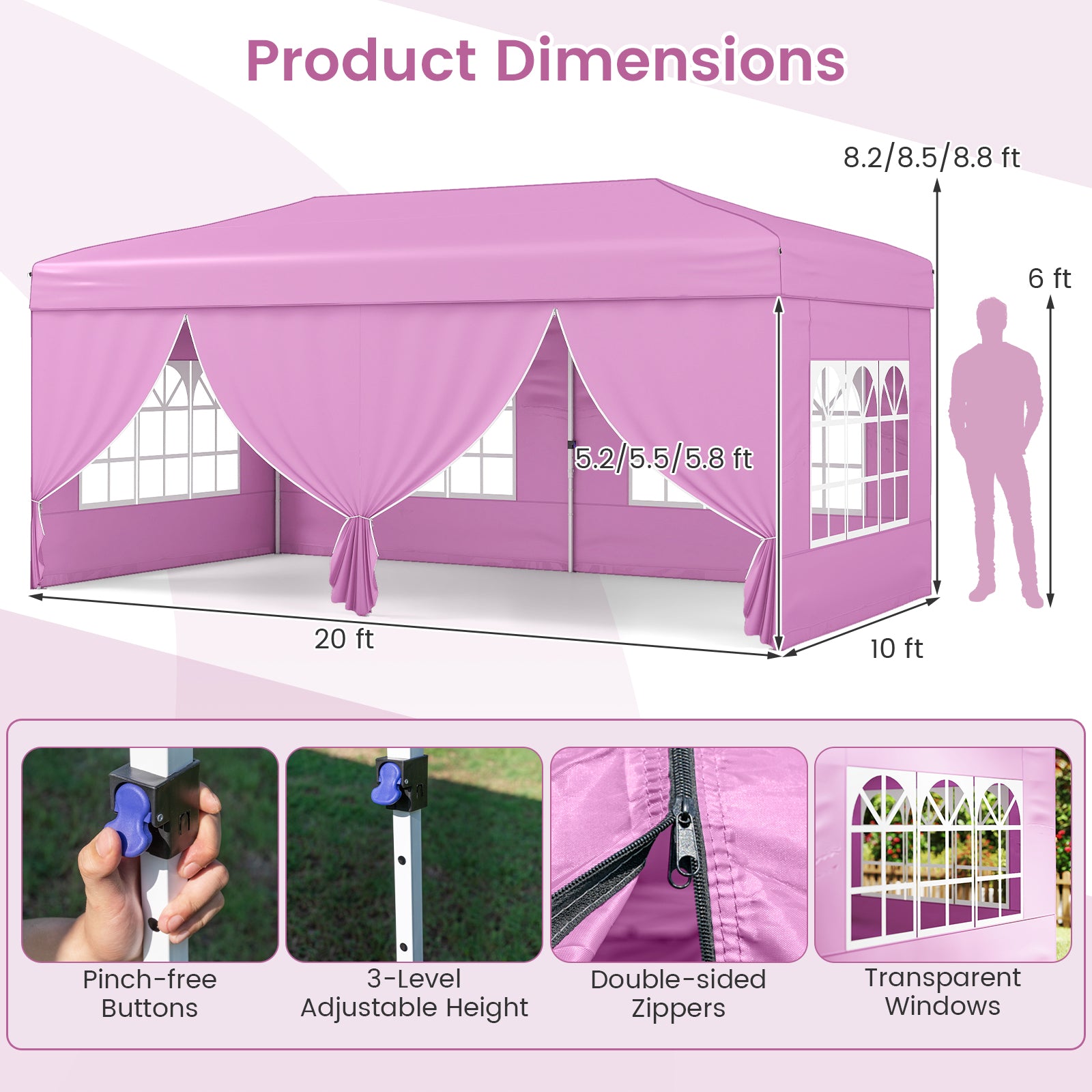 10 X 20 Feet Pop up Canopy Tent Instant Setup with 6 Sidewalls-Pink