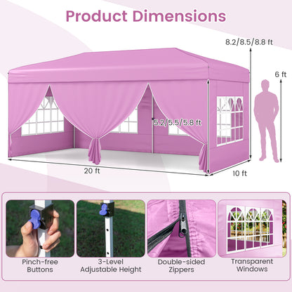 10 X 20 Feet Pop up Canopy Tent Instant Setup with 6 Sidewalls-Pink