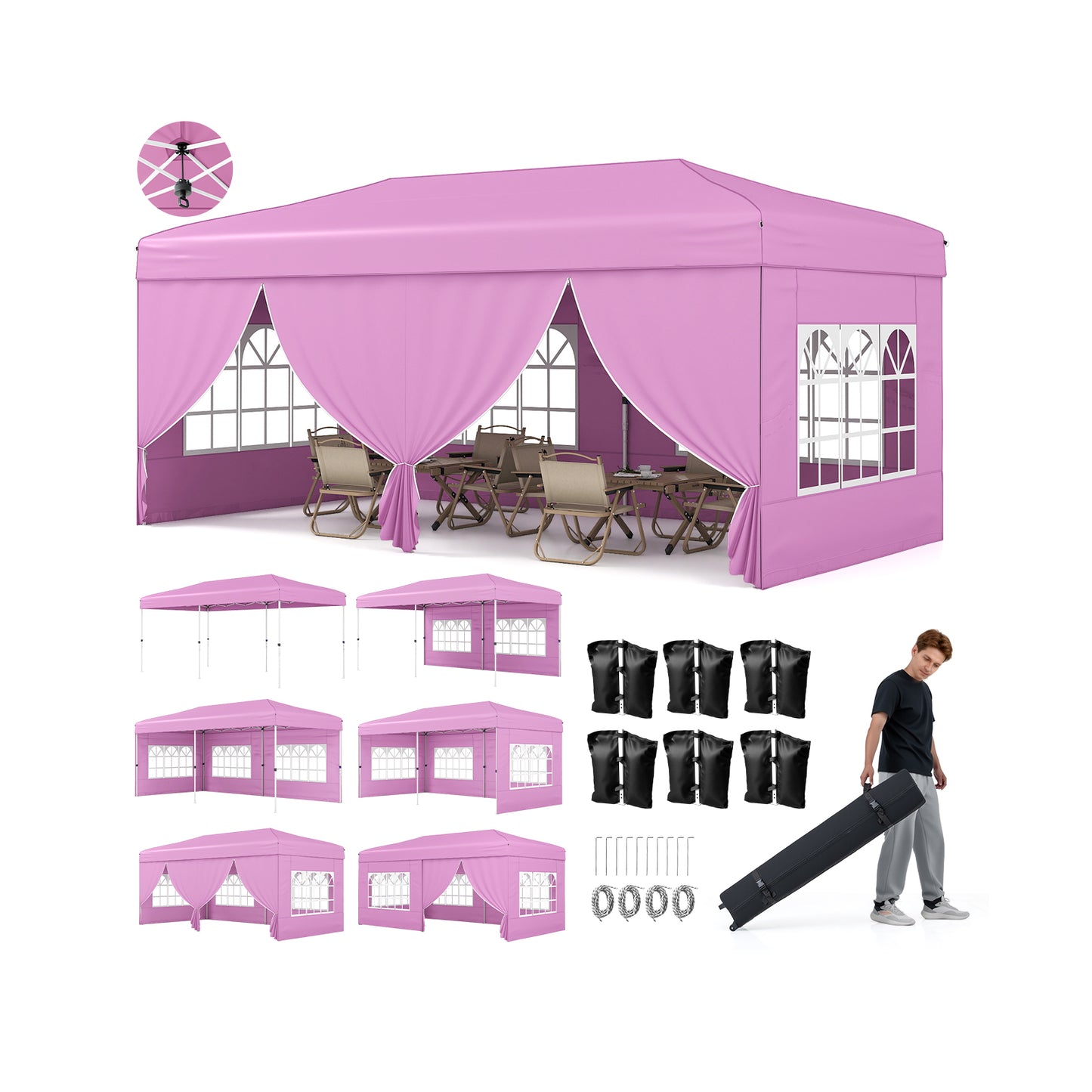 10 X 20 Feet Pop up Canopy Tent Instant Setup with 6 Sidewalls-Pink