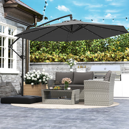 10 Feet Solar Offset Hanging Umbrella with Base and 32 LED Lights-Gray