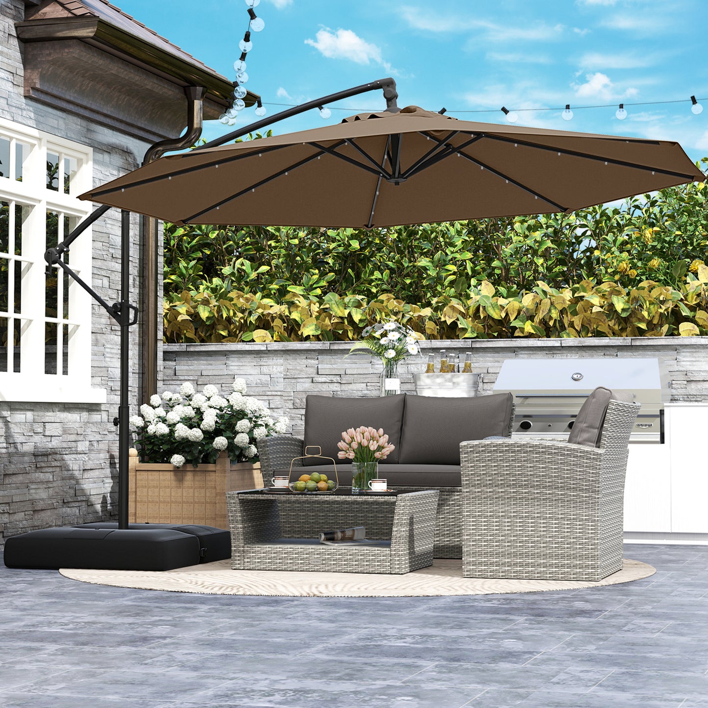 10 Feet Solar Offset Hanging Umbrella with Base and 32 LED Lights-Taupe
