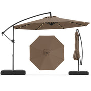 10 Feet Solar Offset Hanging Umbrella with Base and 32 LED Lights-Taupe