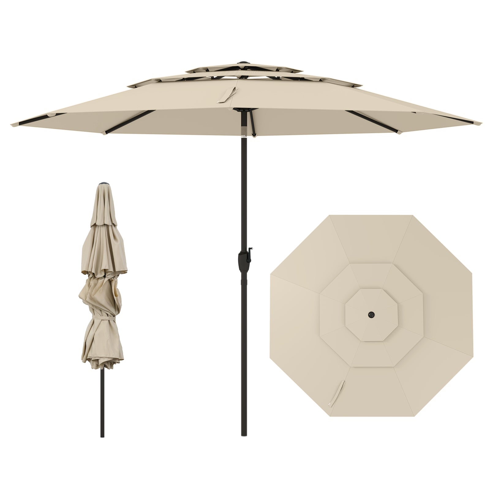 10 ft 3-tier Vented Patio Umbrella with Push Button Tilt-Beige - Beige
