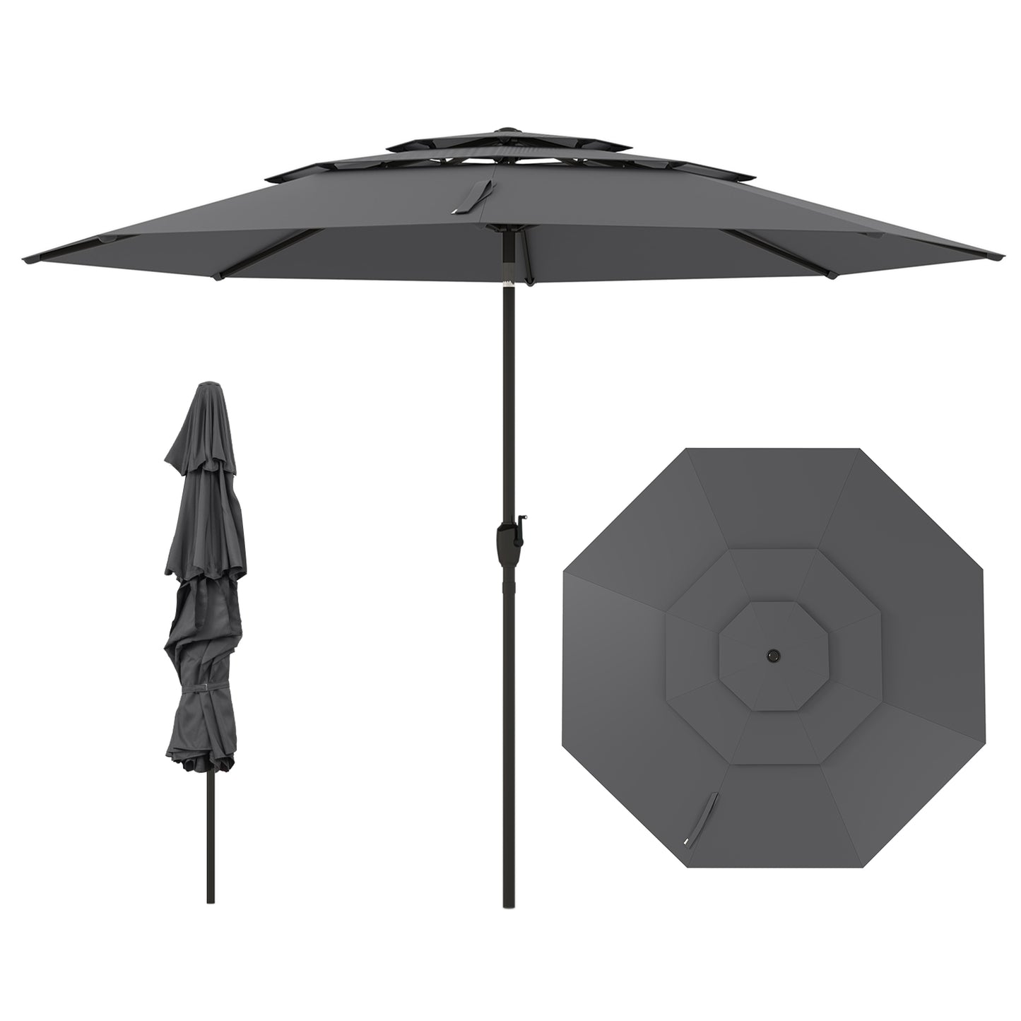 10 ft 3-tier Vented Patio Umbrella with Push Button Tilt-Beige - Gray
