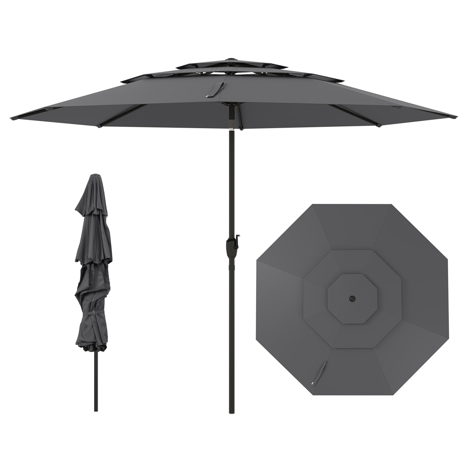 10 ft 3-tier Vented Patio Umbrella with Push Button Tilt-Beige - Gray