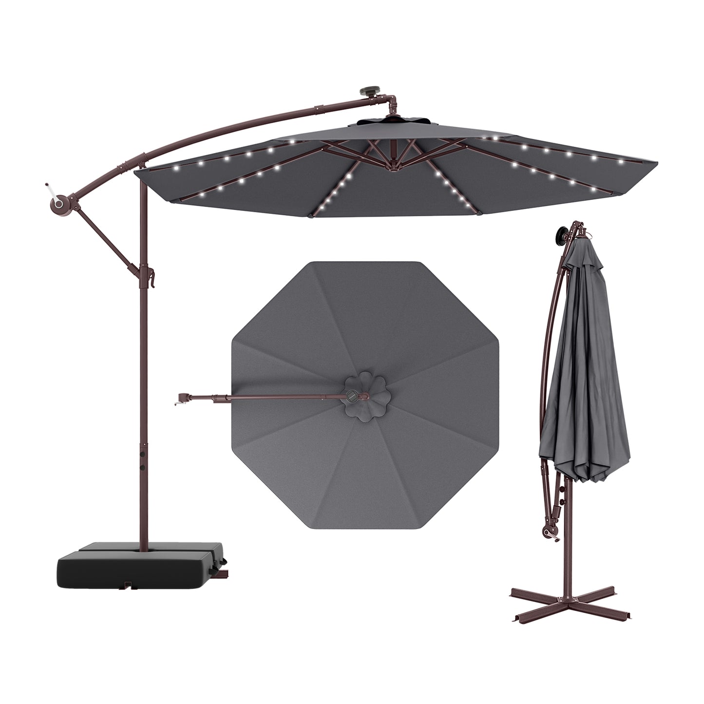10 Ft Patio Umbrella Offset Cantilever Umbrella with 40 Solar Powered Lights-Red - Gray