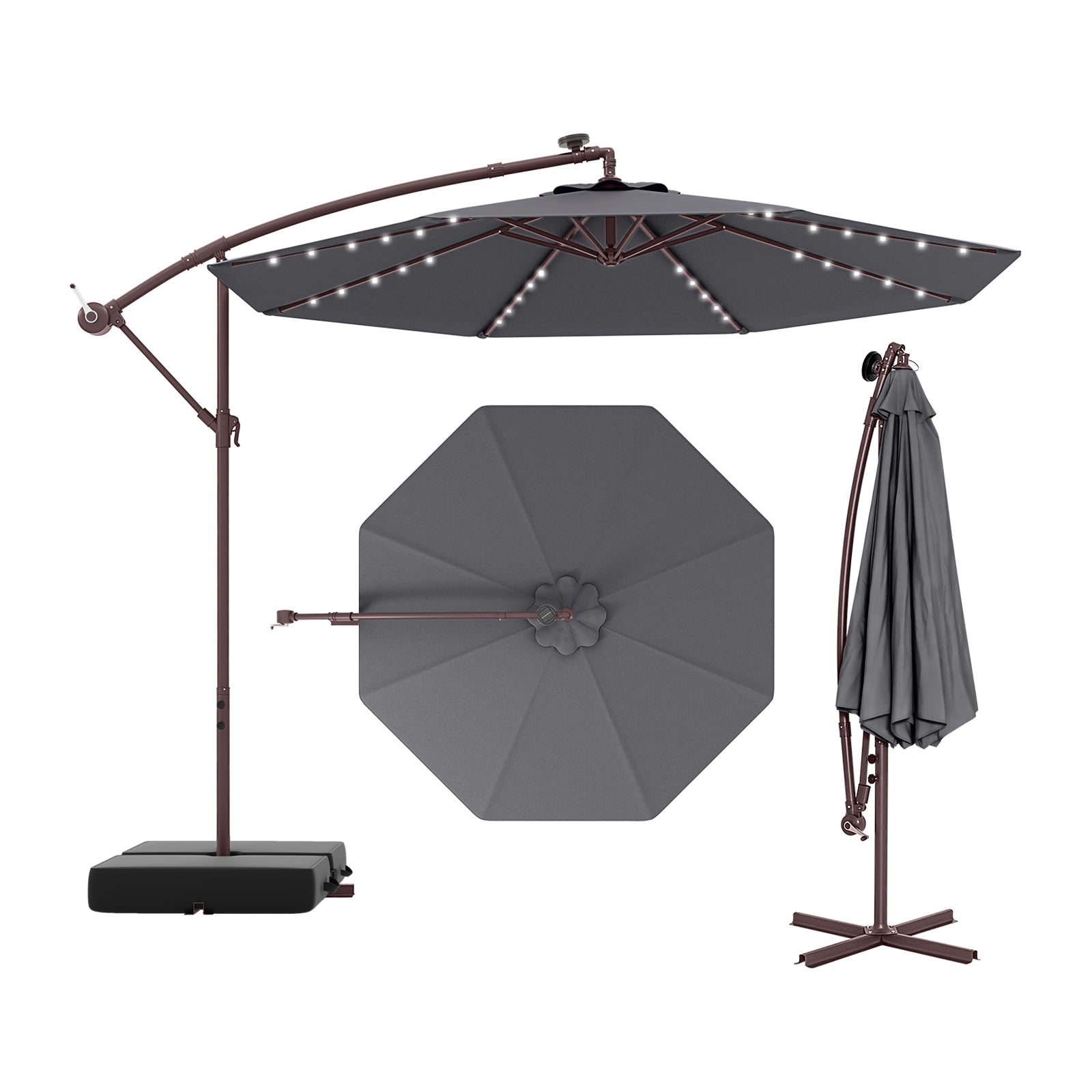 10 Ft Patio Umbrella Offset Cantilever Umbrella with 40 Solar Powered Lights-Red - Gray