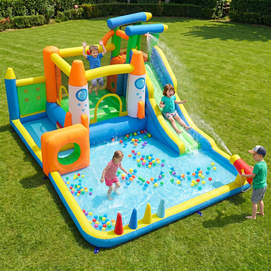 10-in-1 Inflatable Bounce House with Water Slide and Ball Pit