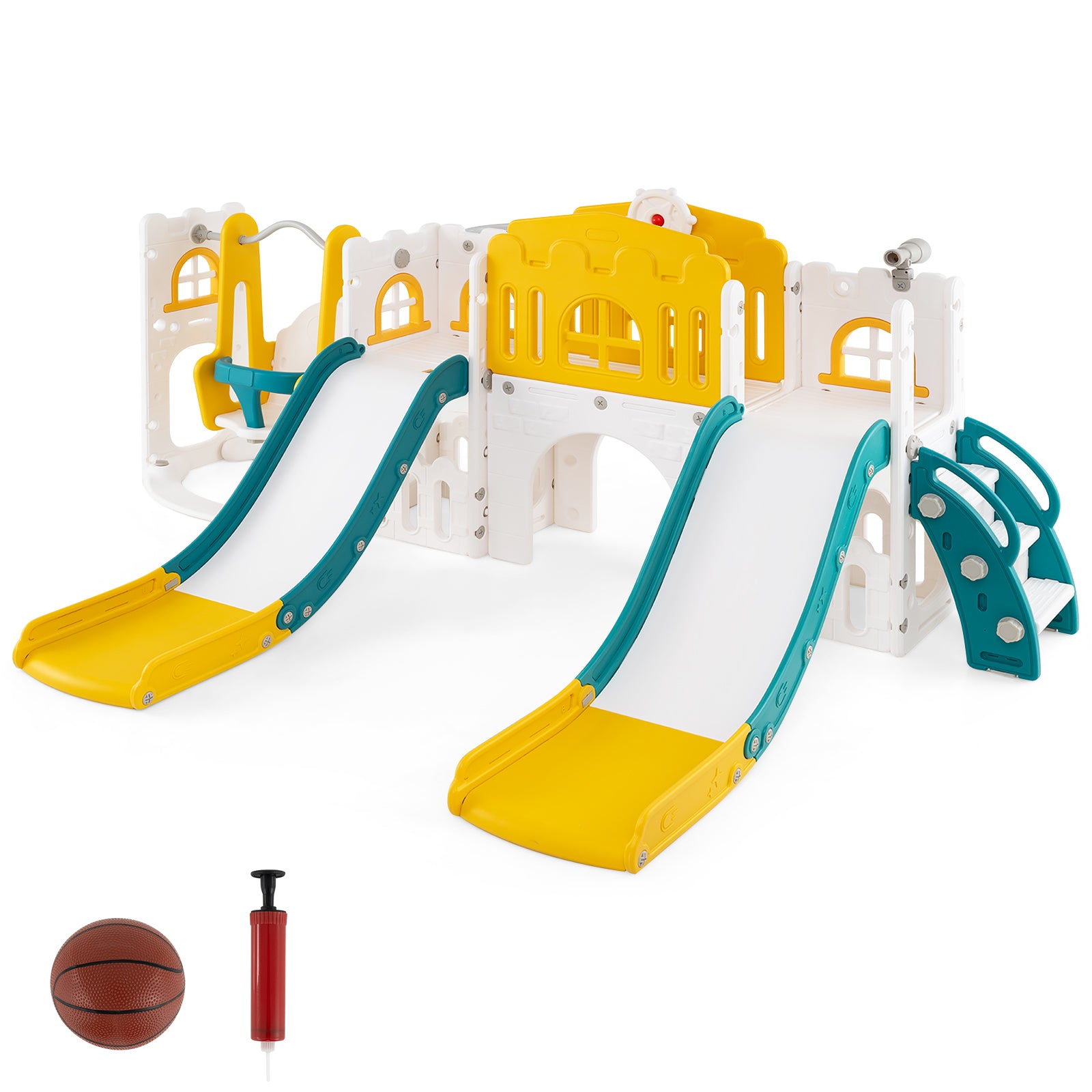 10-in-1 Toddler Slide and Swing Set with Double Slides and Tunnel-Yellow